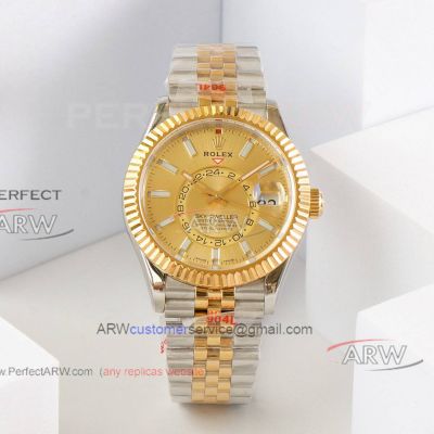 Perfect Copy Rolex Sky-Dweller Gold Dial Two Tone Stainless Steel Men's Watch 